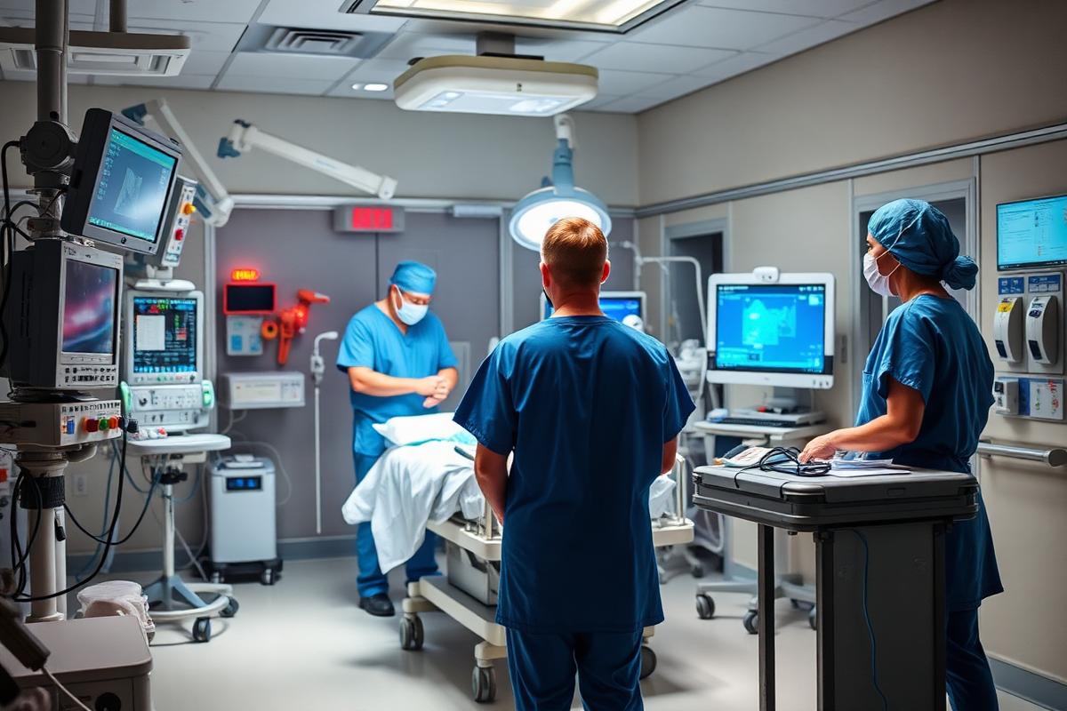 Emergency medicine team working in a resus bay